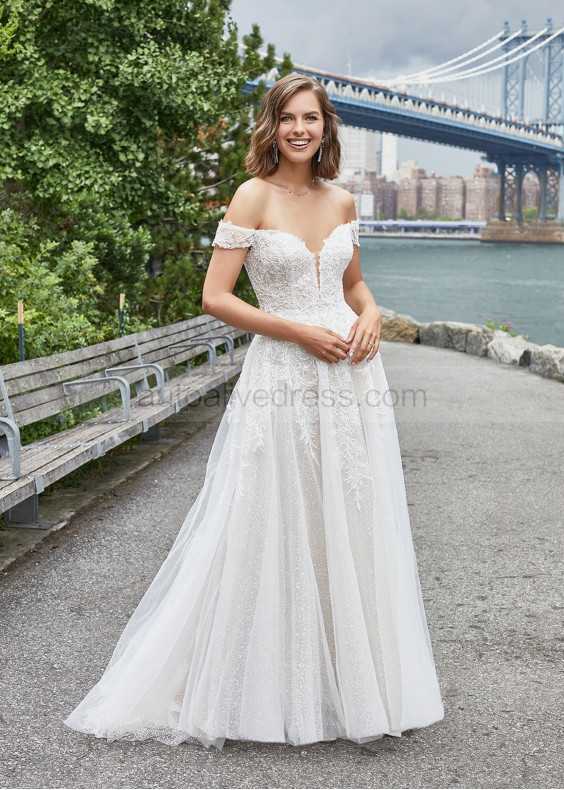 Off Shoulder Beaded Ivory Lace Tulle Sparkling Wedding Dress